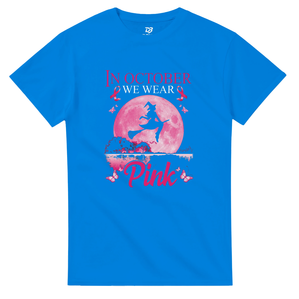 Blue unisex T-shirt with pink witch-on-broom moon graphic and “Pink” ribbon text