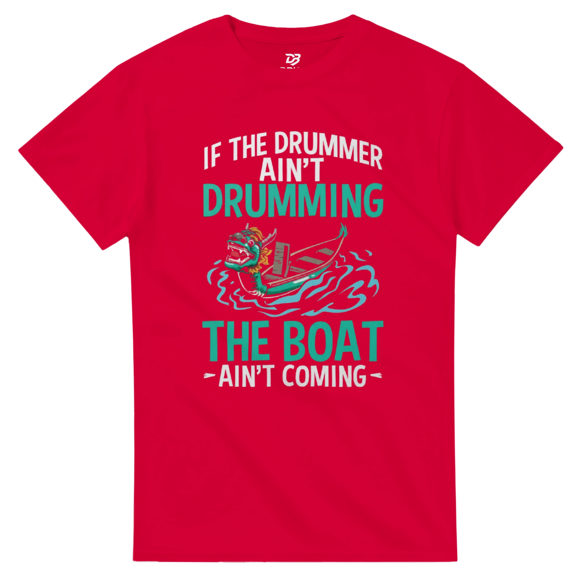 Red unisex crewneck graphic t-shirt with paddling dragon front print