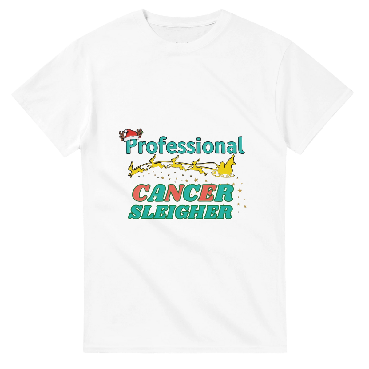 White crew neck T-shirt featuring a colorful “Cancer Sleigher” graphic on the chest