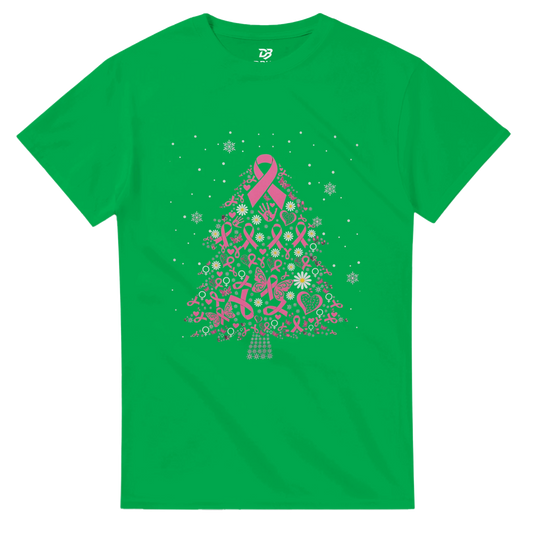 Green tee shirt with pink ribbon Christmas tree graphic and white snowflake dots