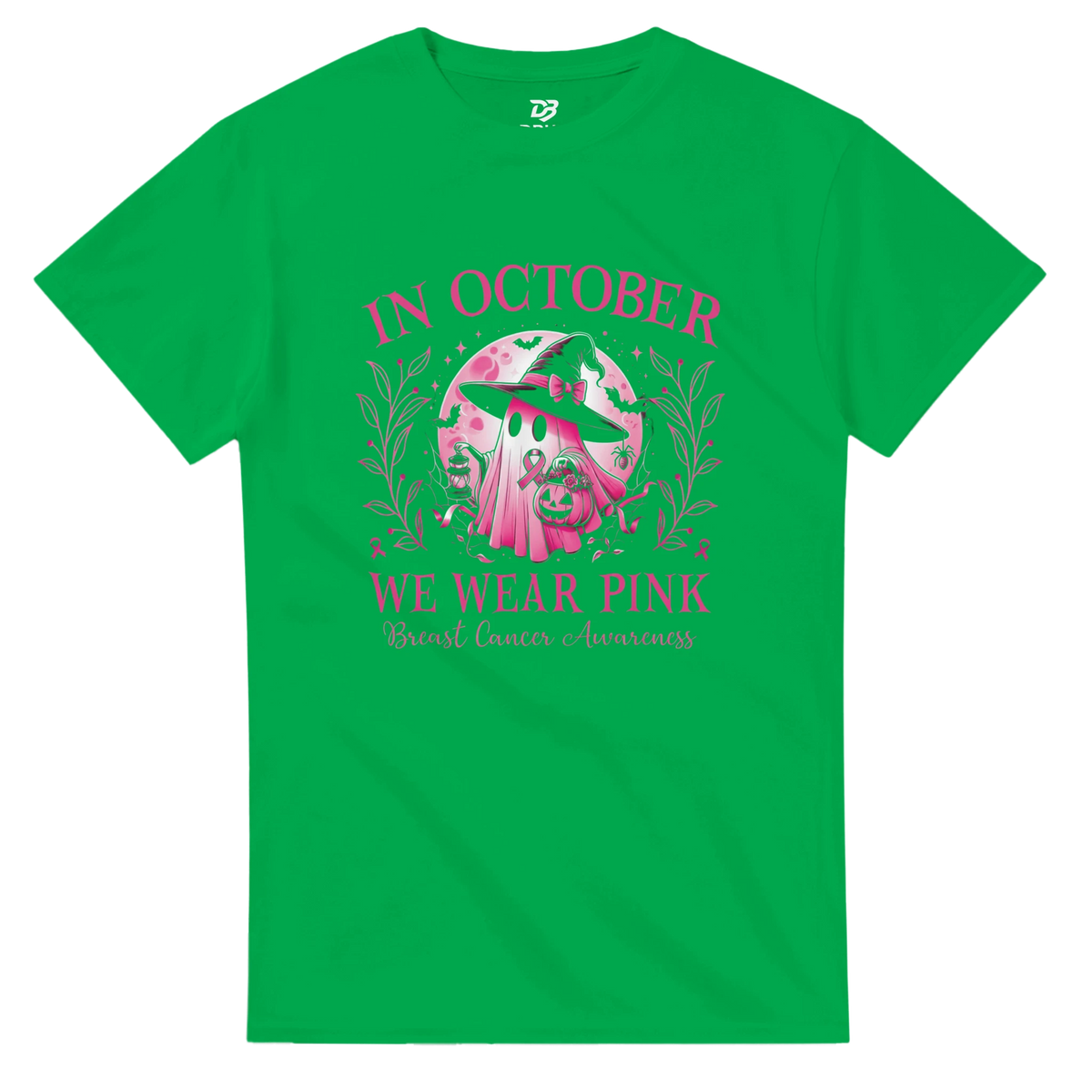 Green crewneck unisex T-shirt with pink awareness graphic and floral wreath front