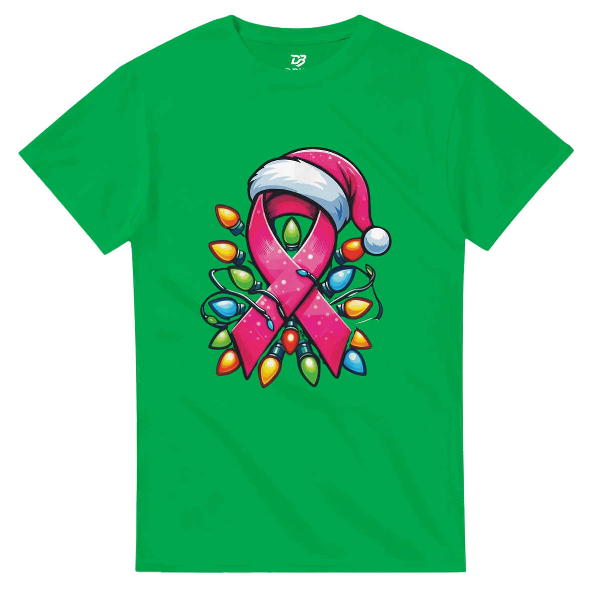 Green crewneck T-shirt with pink ribbon character graphic and colorful Christmas lights