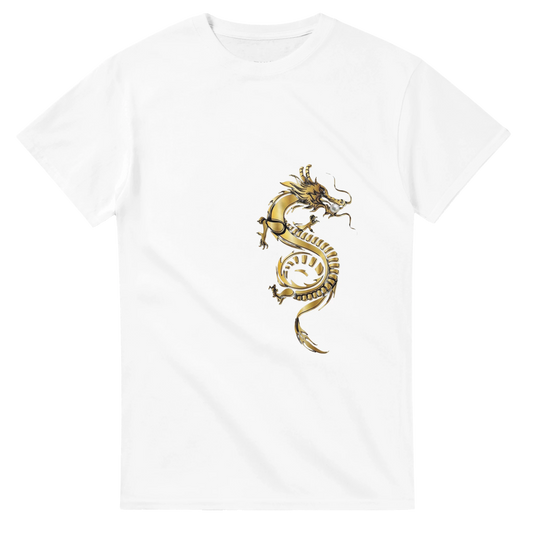 Unisex crewneck dragon graphic tee in white with gold dragon emblem