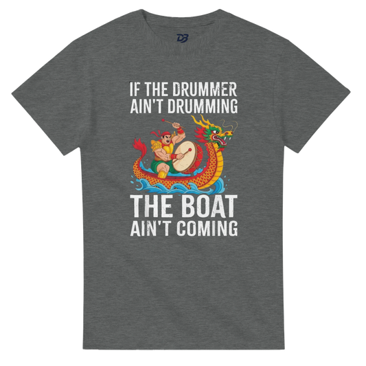 Graphite heather unisex graphic T-shirt with dragon boat slogan "The boat ain't coming"