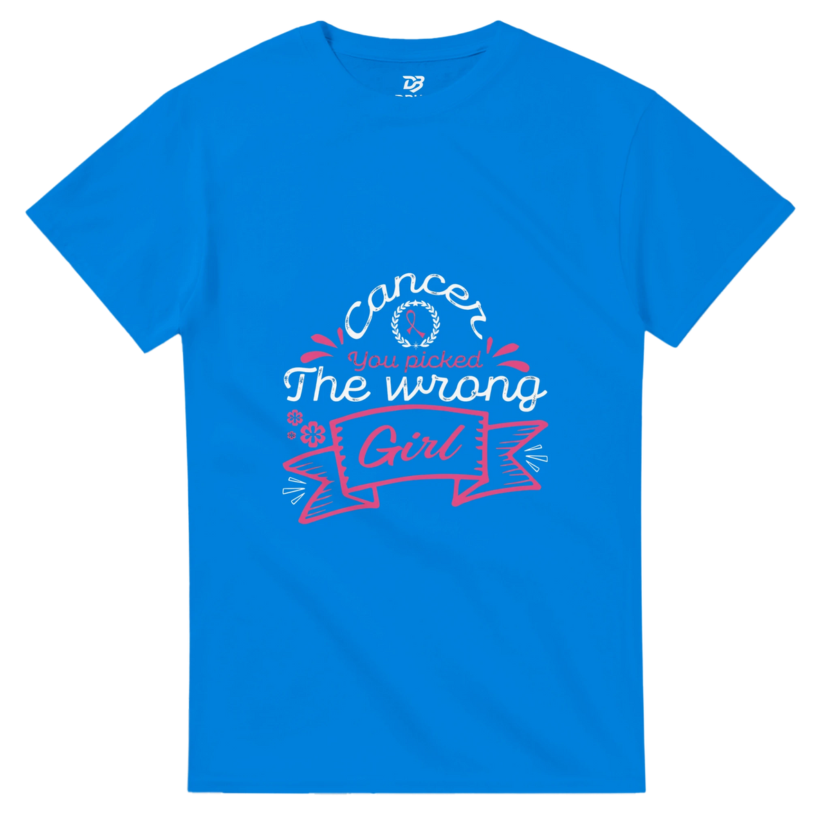 Royal blue unisex graphic tee with pink and white 'The wrong Girl' ribbon print