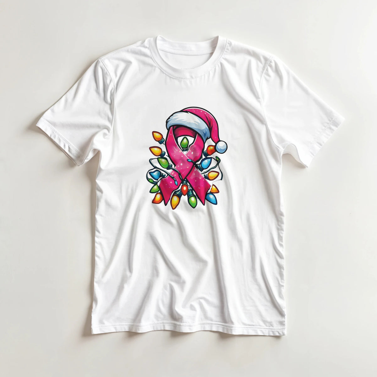 White crewneck T-shirt laid flat with centered pink ribbon character graphic and lights