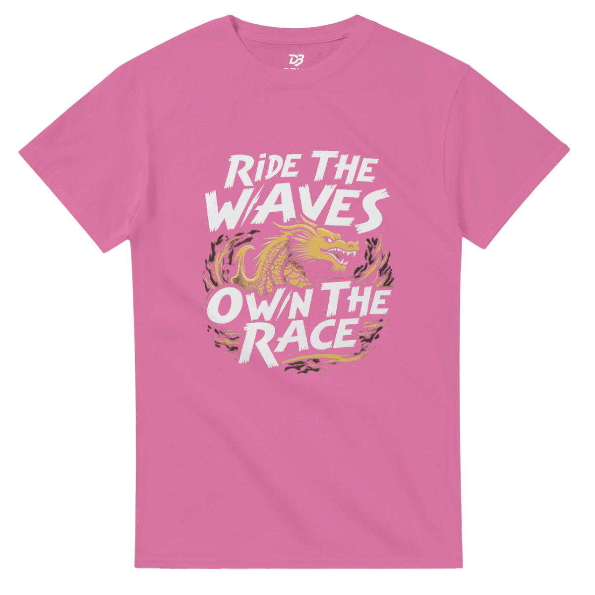 Unisex pink T-shirt with “Ride the Waves / Own the Race” dragon graphic on front