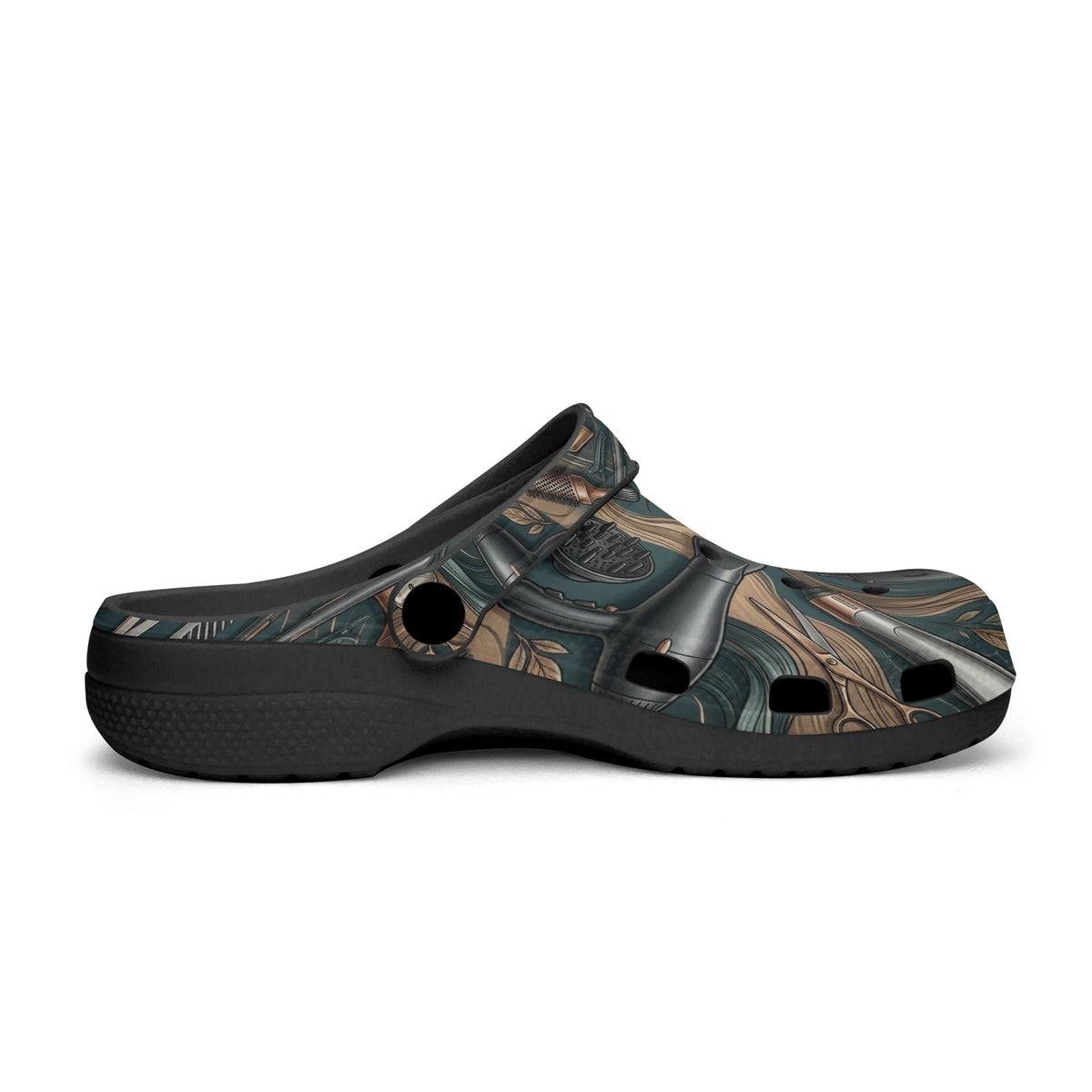 Dark clogs with teal, brown tool pattern and round toe openings