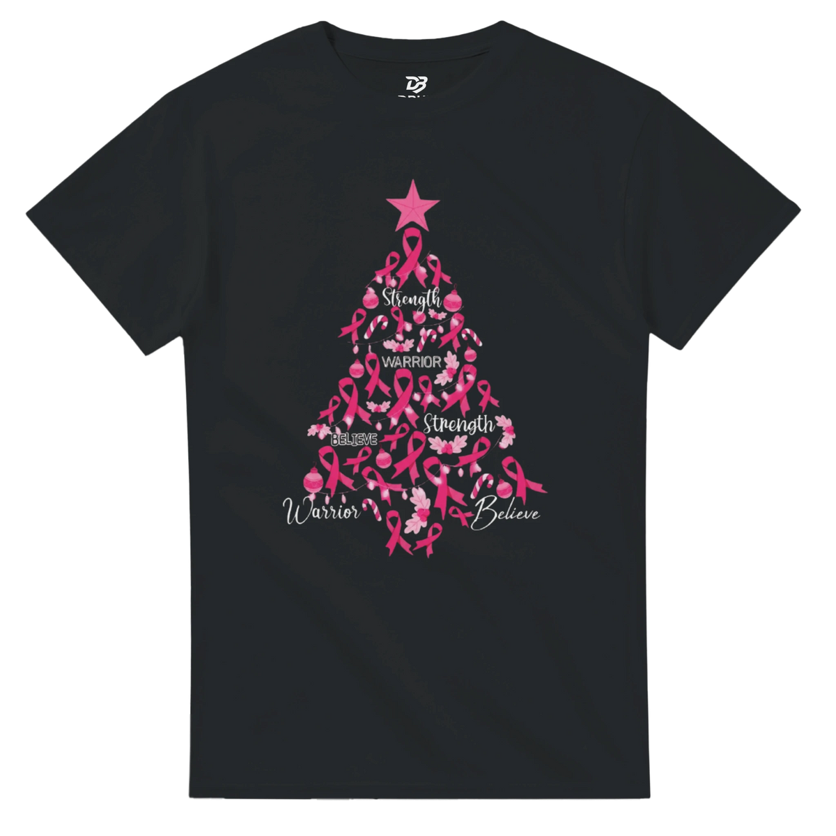 Dark crew-neck T-shirt with pink ribbon Christmas tree graphic on the front