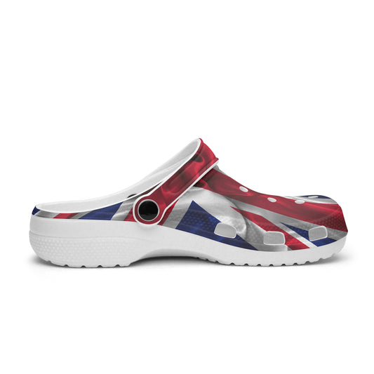Union Jack unisex slip-on sandals, white sole and red strap with circular eyelets