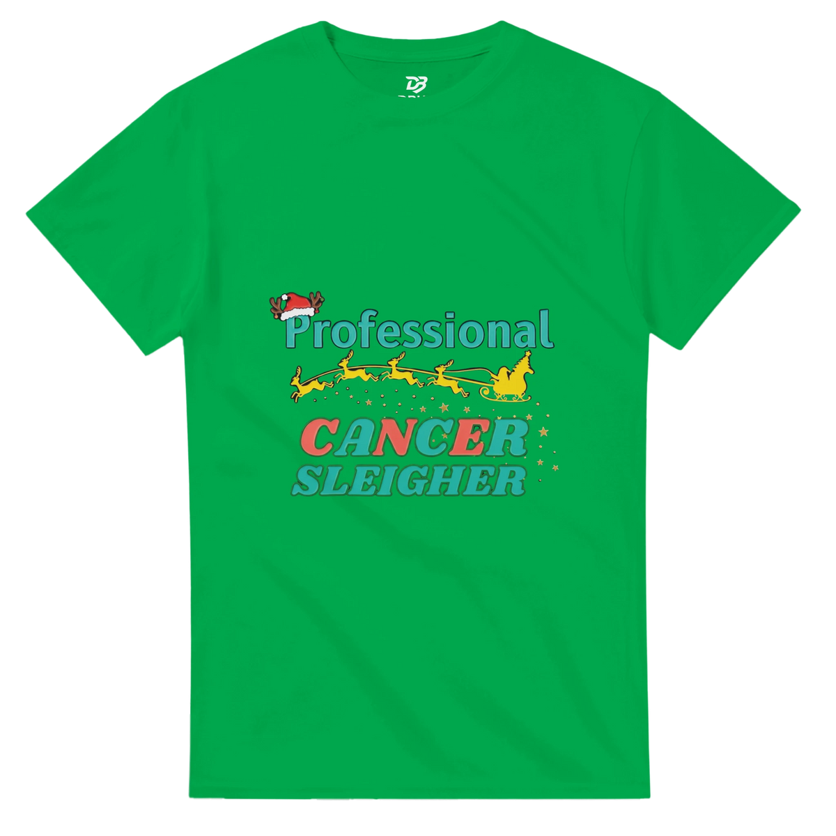 Green crew neck T-shirt featuring a colorful “Cancer Sleigher” graphic on the chest