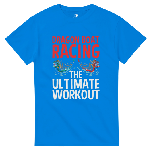 Unisex royal blue workout T-shirt with dragon boat racing graphic print