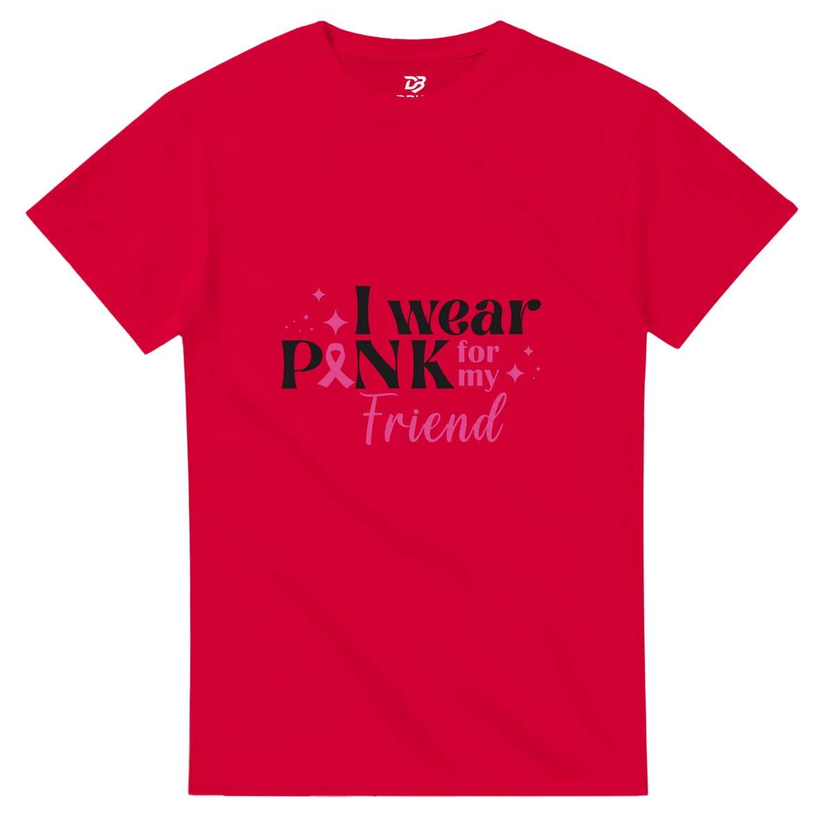 Red unisex T-shirt with “I wear Pink for my Friend” breast cancer awareness graphic