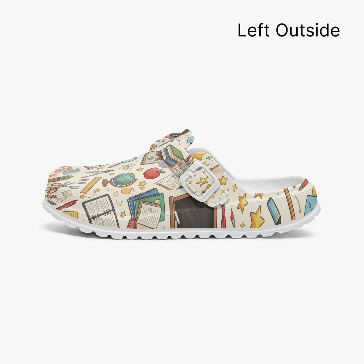 Left outside view of retro classroom patterned slip-on clog with textured sole