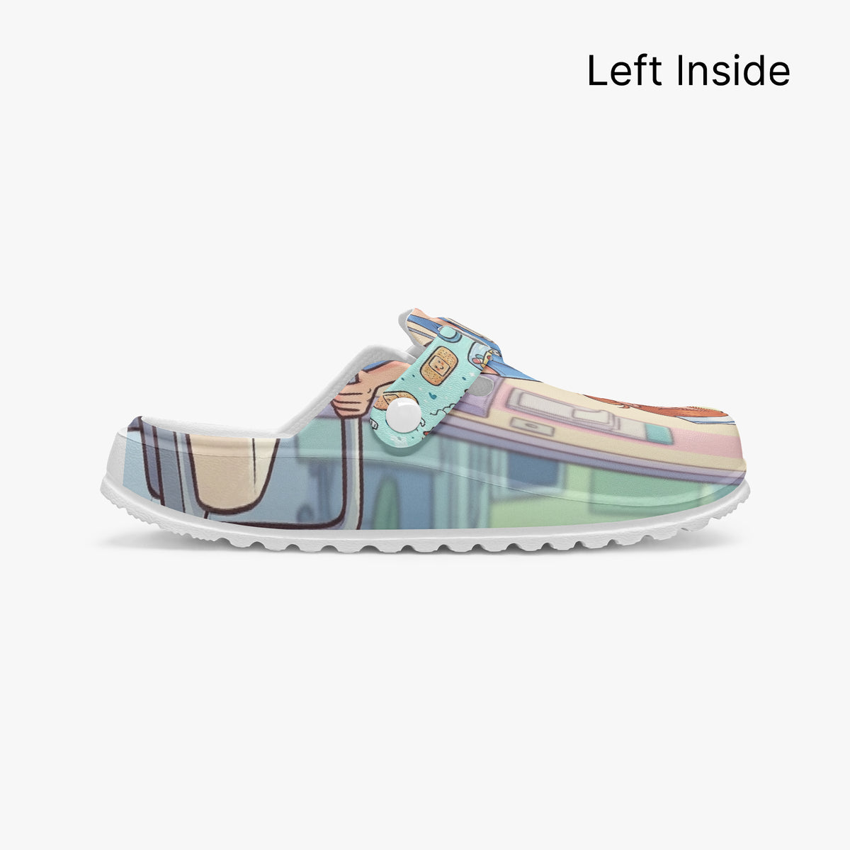 Wine O'Clock nurse clogs, light blue slip-on with cartoon nurse graphic and gray sole