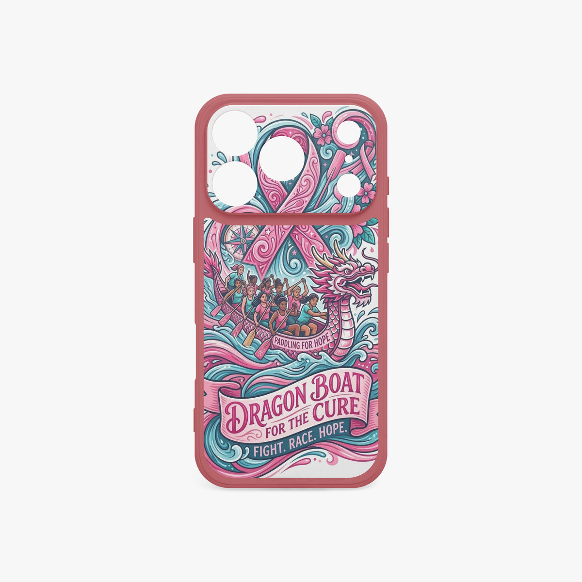 iPhone 17 phone case in pink-red with colorful dragon boat breast cancer graphic