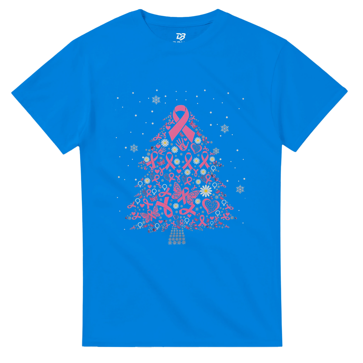 Blue tee shirt with pink ribbon Christmas tree graphic and white snowflake dots