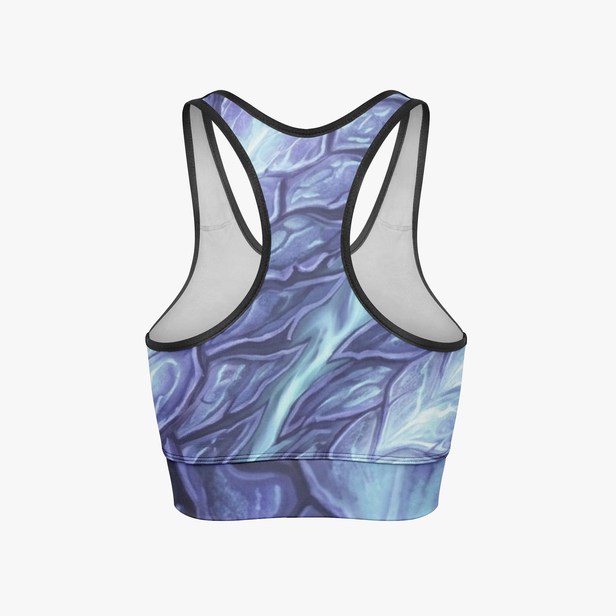 Women's cropped racerback yoga tank top, blue abstract all-over print, black trim on back