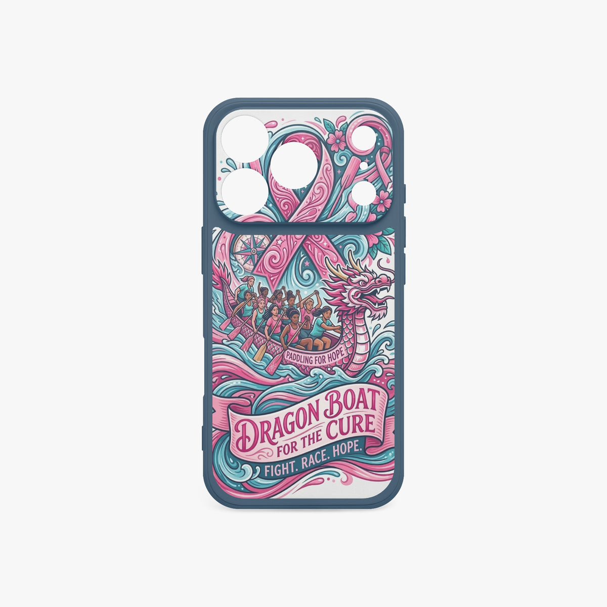 iPhone 17 phone case in dark blue with colorful dragon boat breast cancer graphic