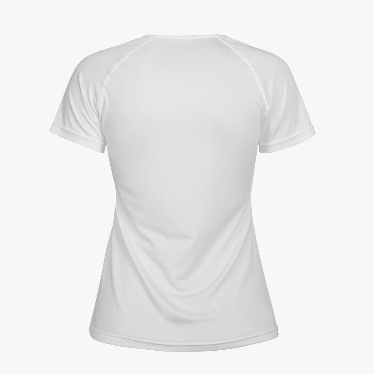 Women’s white crew-neck T-shirt with short sleeves, plain back view