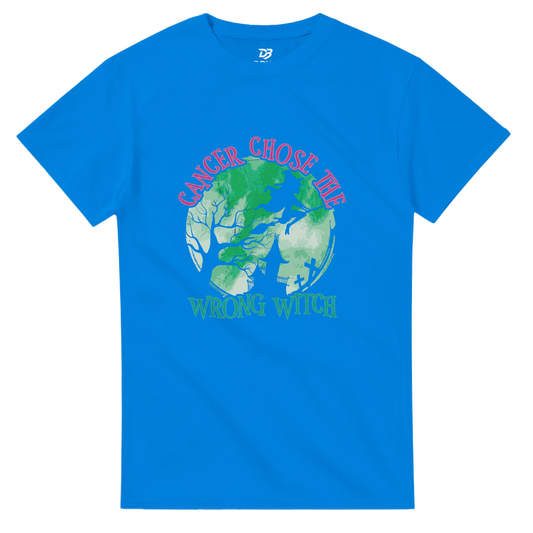 Royal blue unisex t-shirt with green witch graphic and pink "CANCER CHOSE THIS" text