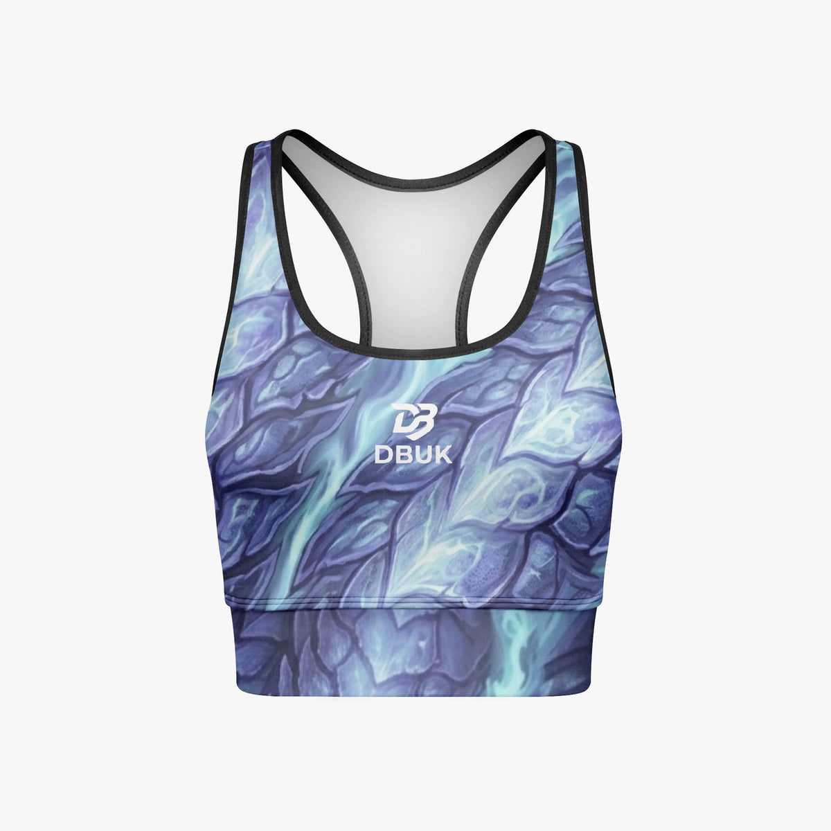 Cropped yoga tank top with all-over blue abstract print, scoop neckline, black trim, DBUK logo