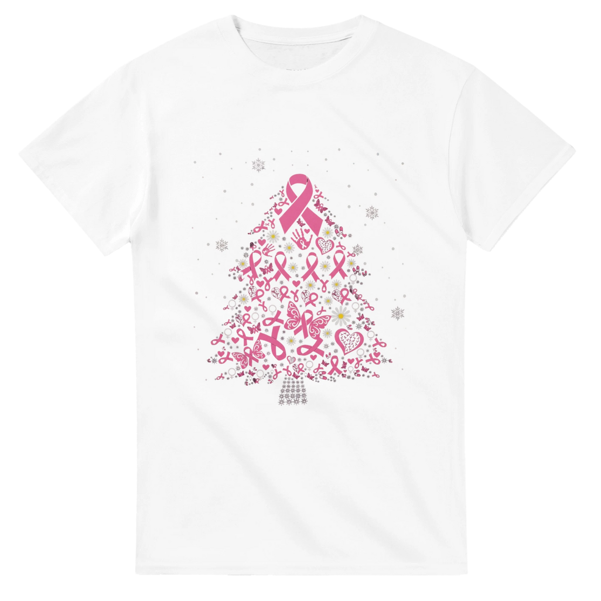 White tee shirt with pink ribbon Christmas tree graphic and gray snowflake dots