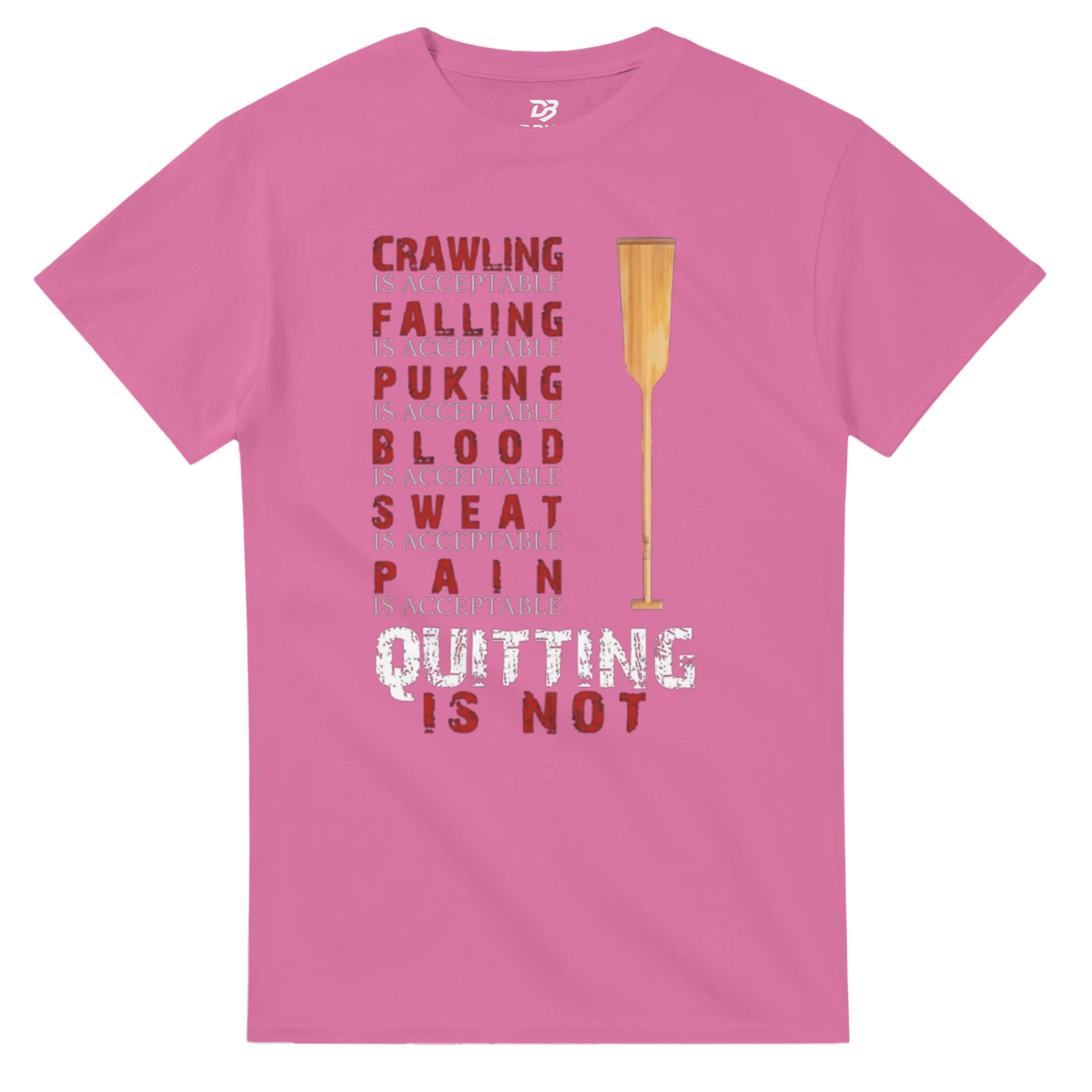 Pink unisex graphic tee with “Quitting is not” text and trophy icon