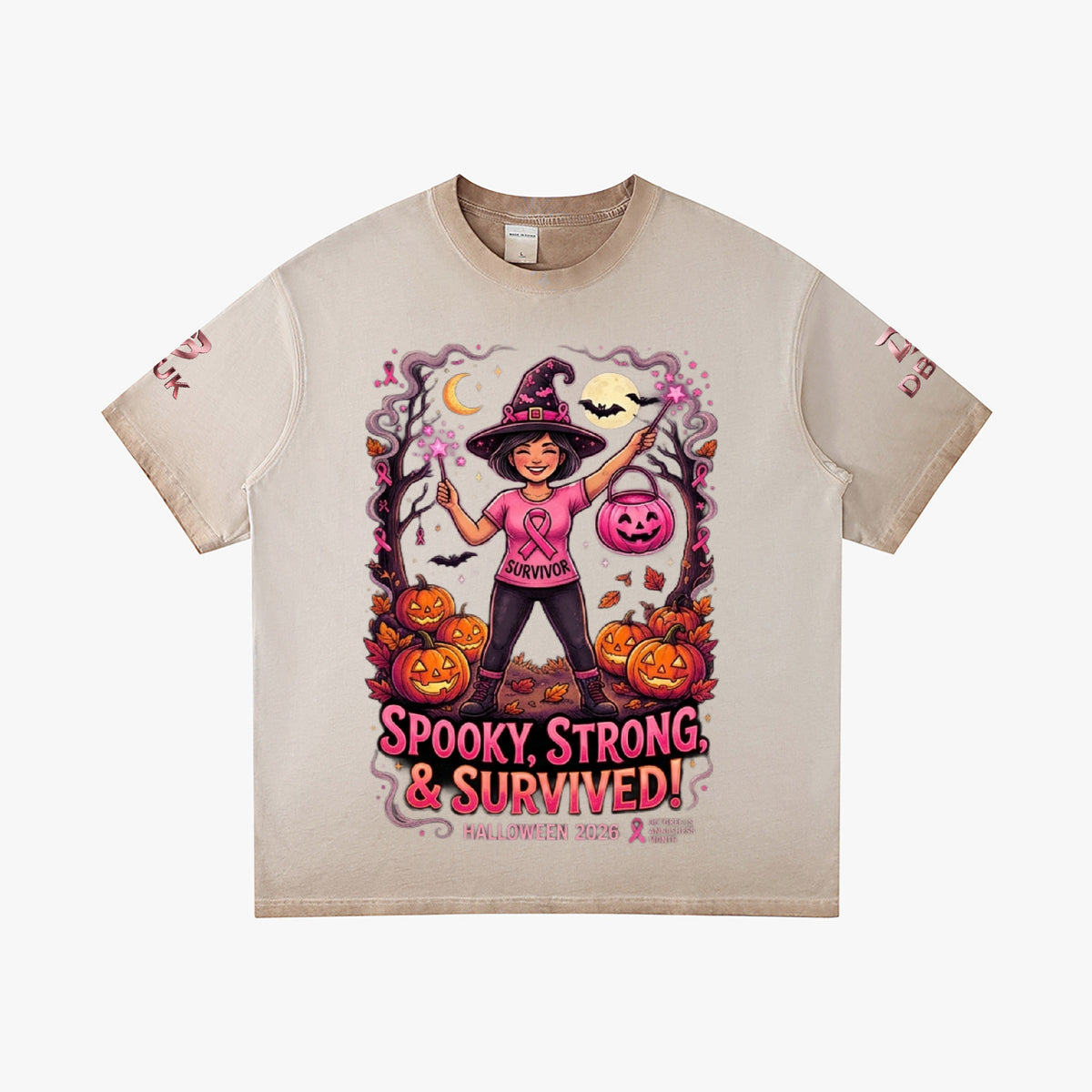 Light beige Halloween T-shirt with spooky witch, pumpkins, and 'Spooky, Strong & Survived!'