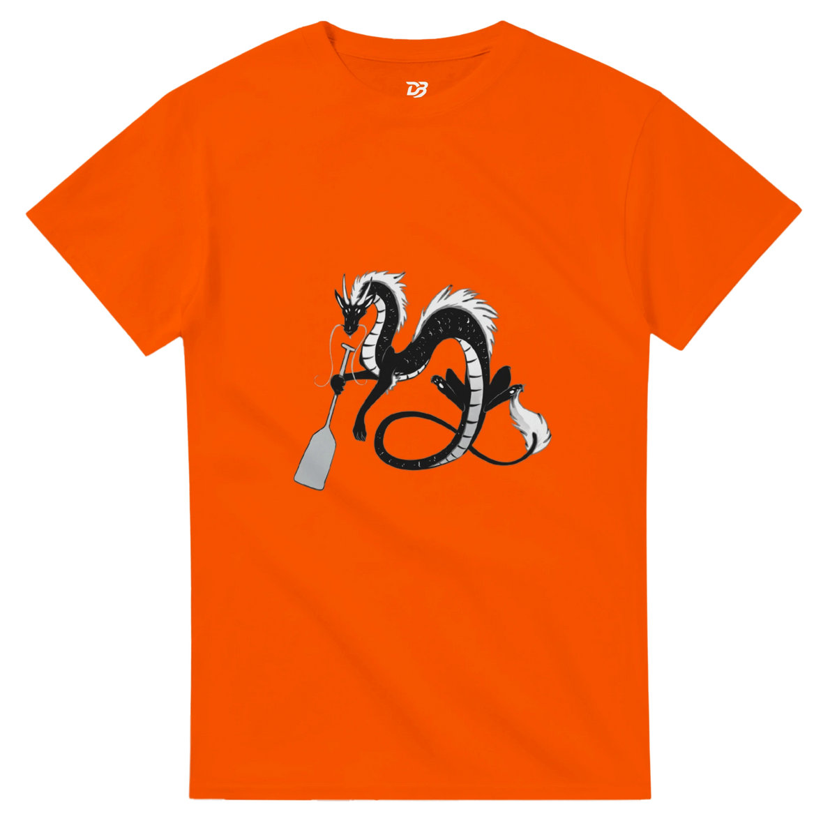 Orange unisex crewneck graphic T-shirt with dragon holding a paddle and ring