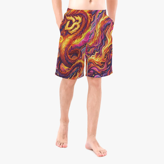 Men's board shorts with vivid orange, yellow, and purple dragon-flame all-over print