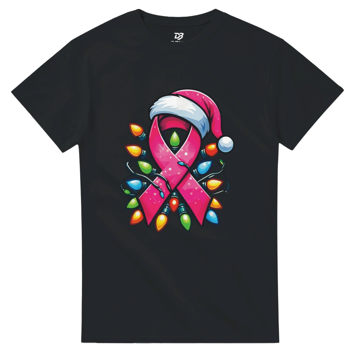 Black crewneck T-shirt with pink ribbon character graphic and colorful Christmas lights