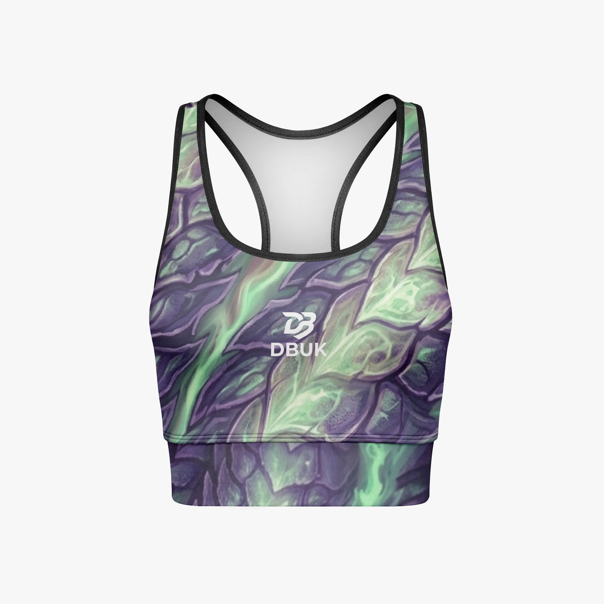 Women's cropped yoga tank top with all-over purple and green dragon boat print, black trim