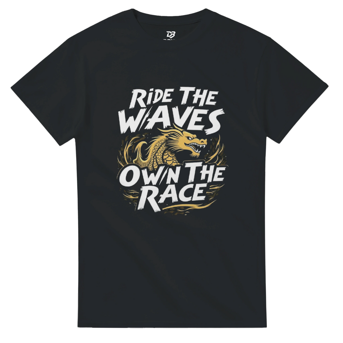 Unisex black T-shirt with “Ride the Waves / Own the Race” dragon graphic on front