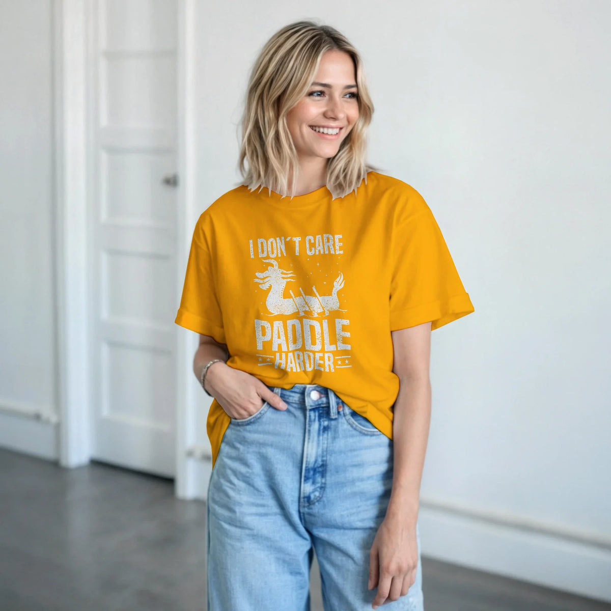 Gold unisex T-shirt with front dragon and text graphic