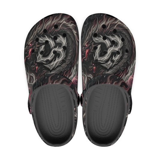 Pair of gray-and-black dragon boat graphic clogs with black rubber sole and vented holes
