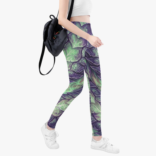 Women's all-over print leggings with green and purple dragon scale pattern