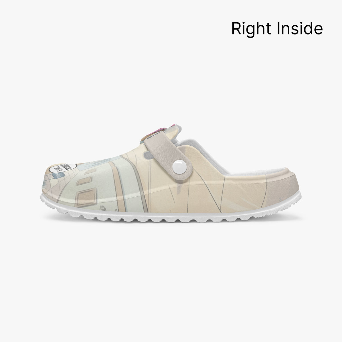 Lightweight EVA clog right inside view, beige strap and nurse comic artwork