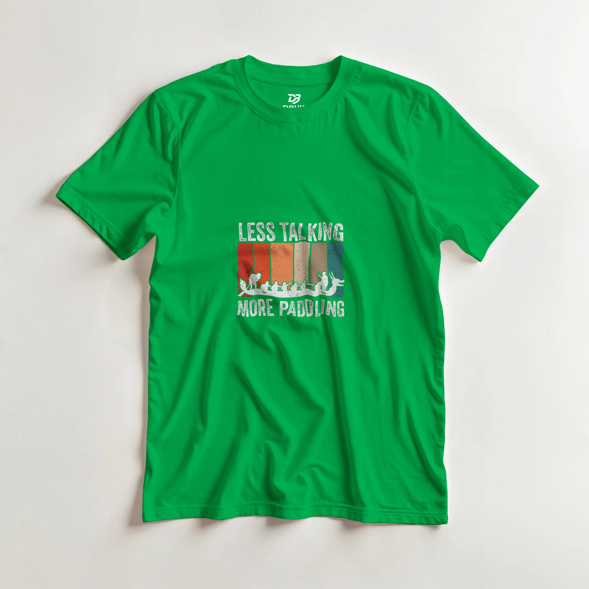 Unisex green t-shirt with LESS TALKING MORE PADDLING dragon boat graphic