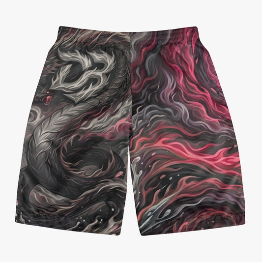 Men's board shorts with all-over dragon print, dark gray and red
