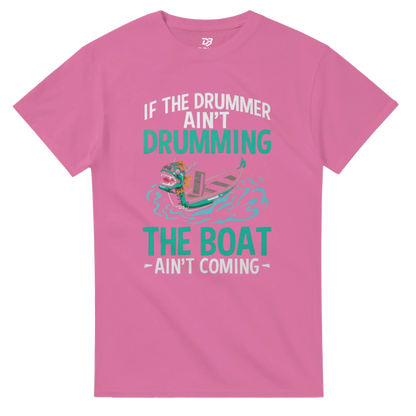 Unisex pink graphic t-shirt with dragon boat and drummer quote
