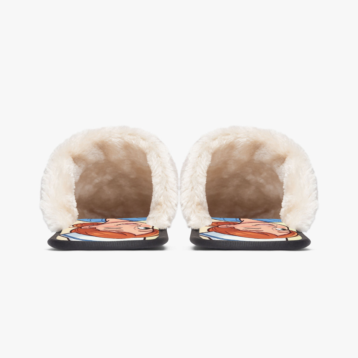 Back view of nurse cartoon slippers with plush cream heel lining and black rubber sole
