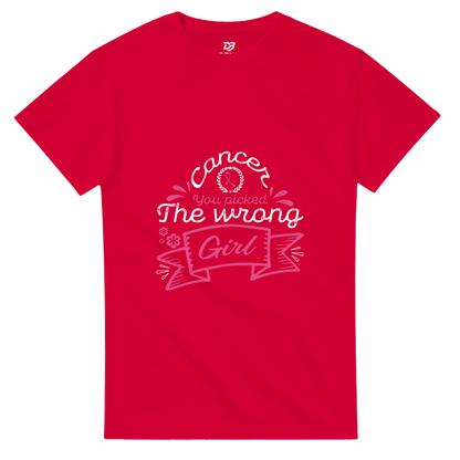 Red unisex graphic tee with pink and white 'The wrong Girl' ribbon print