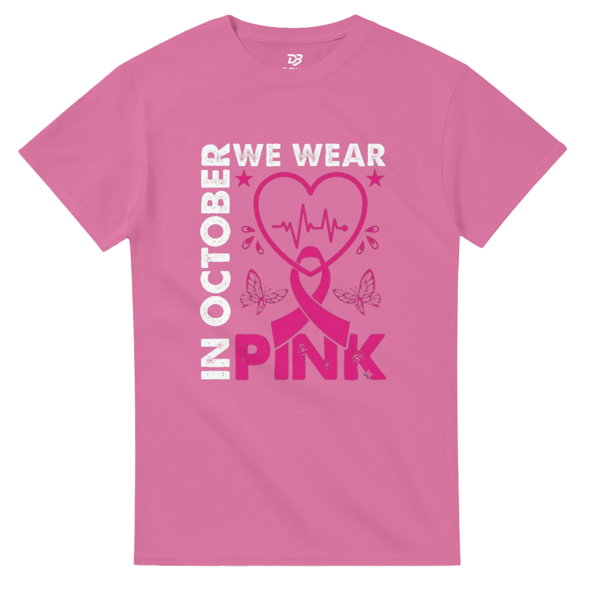 Pink unisex T-shirt with 'OCTOBER WE WEAR PINK' heart ribbon graphic