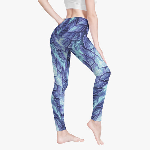 Women’s blue dragon scale print leggings, front view, full length.
