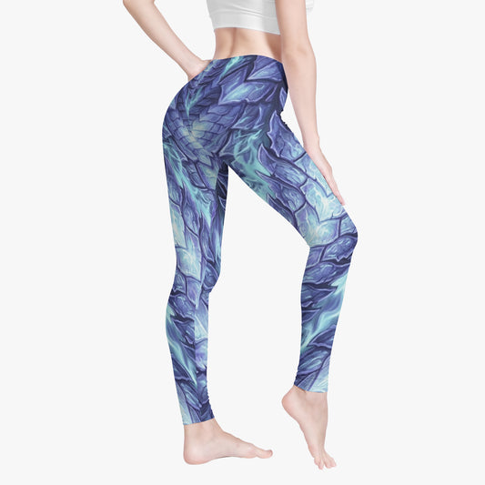 Women’s blue dragon scale print leggings, front view, full length.