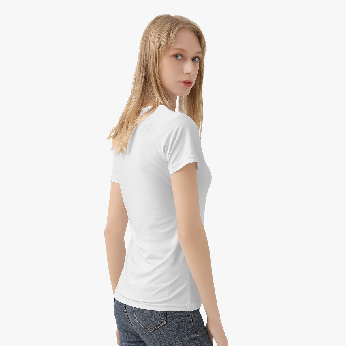 Women’s white short-sleeve crew-neck T-shirt, side view with plain fabric