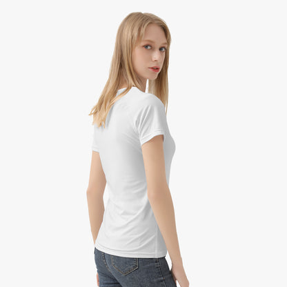 Women’s white short-sleeve crew-neck T-shirt, side view with plain fabric