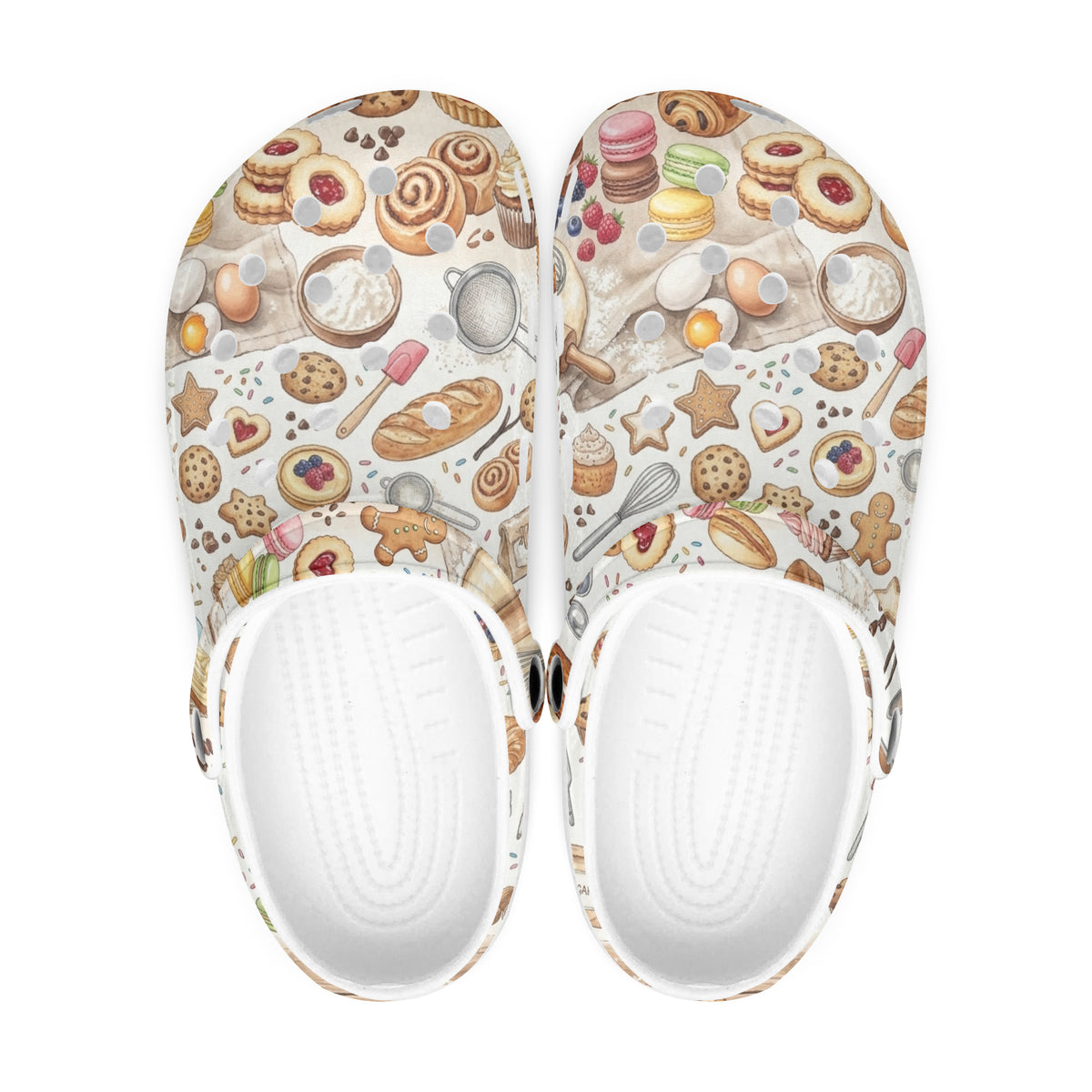 Pair of patterned clogs showing white textured outsoles from the bottom