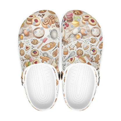 Pair of patterned clogs showing white textured outsoles from the bottom